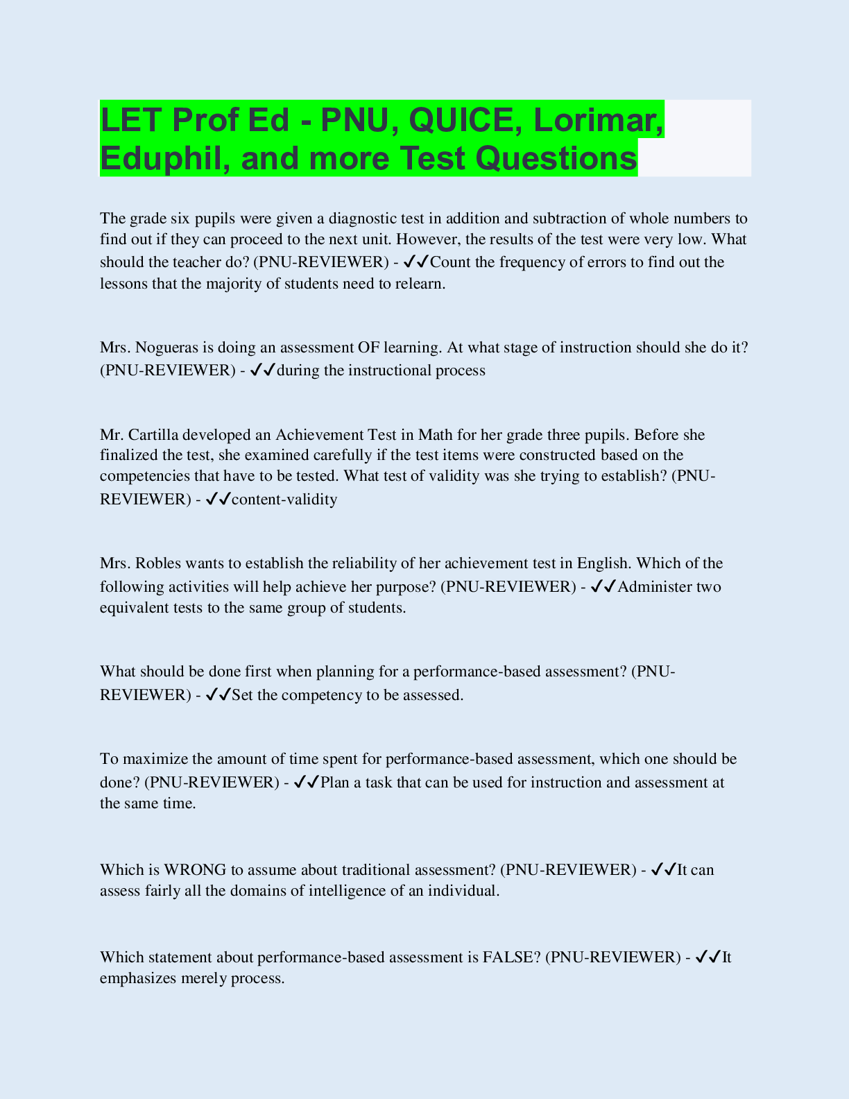 Preview image for LET Prof Ed - PNU, QUICE, Lorimar, Eduphil, and more Test Questions | 2000 Questions with 100% Correct Answers | Updated & Verified | 214 Pages